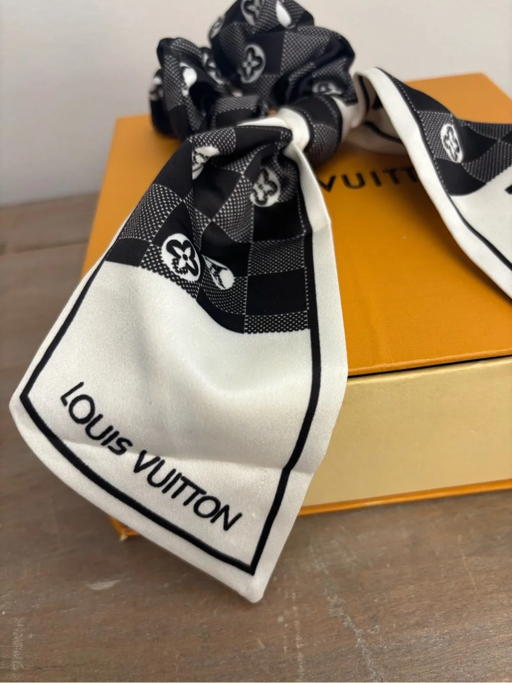 Louis Vuitton Black and White Silky Scarf Hair Scrunchie/Bow